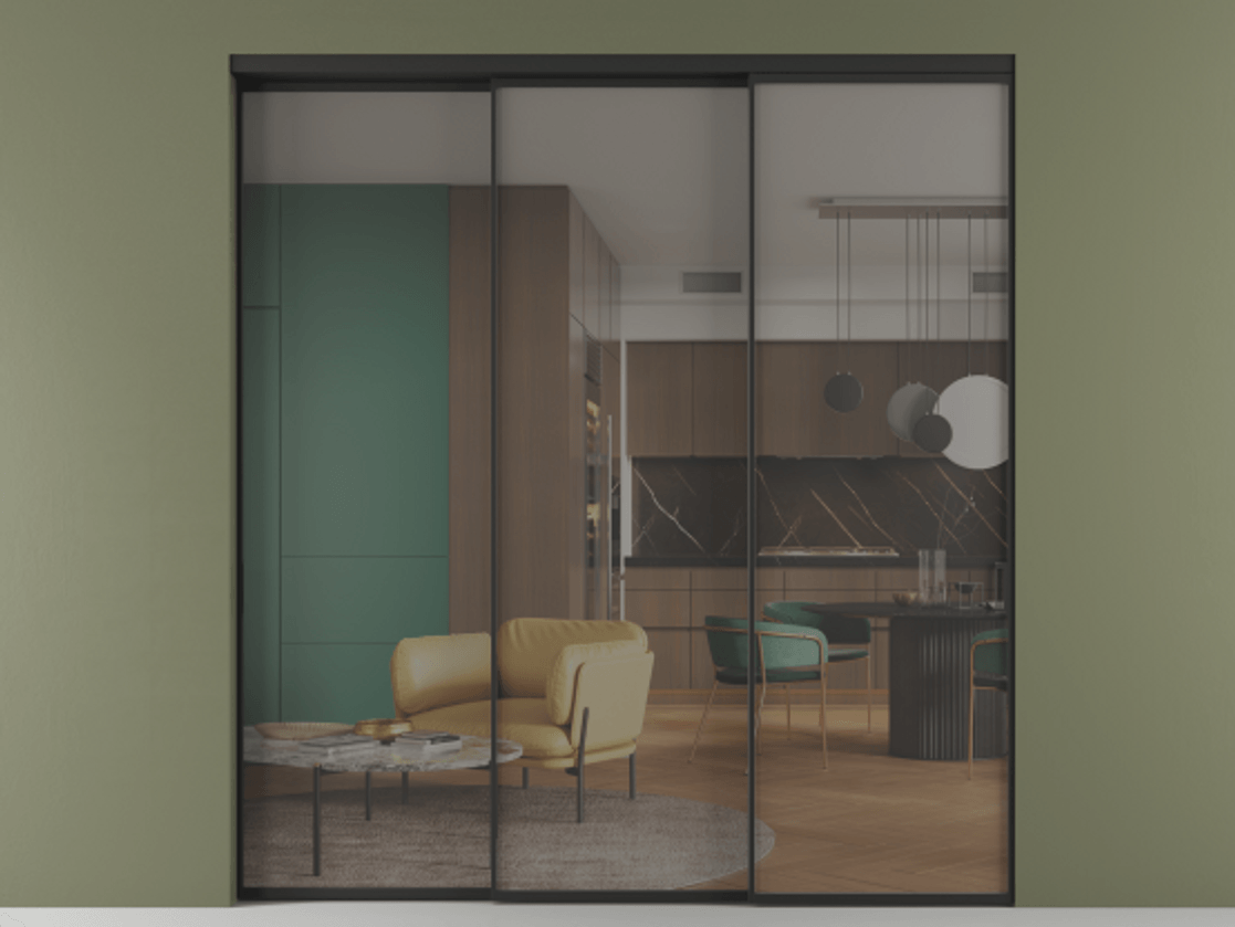 Перегородка Formato внутри проёма 3 створки с синхронным механизмом АЛПР 040.01 Алюминий Черный Прозрачное серое стекло, триплекс Цена 316120 ₽  | Volhovec