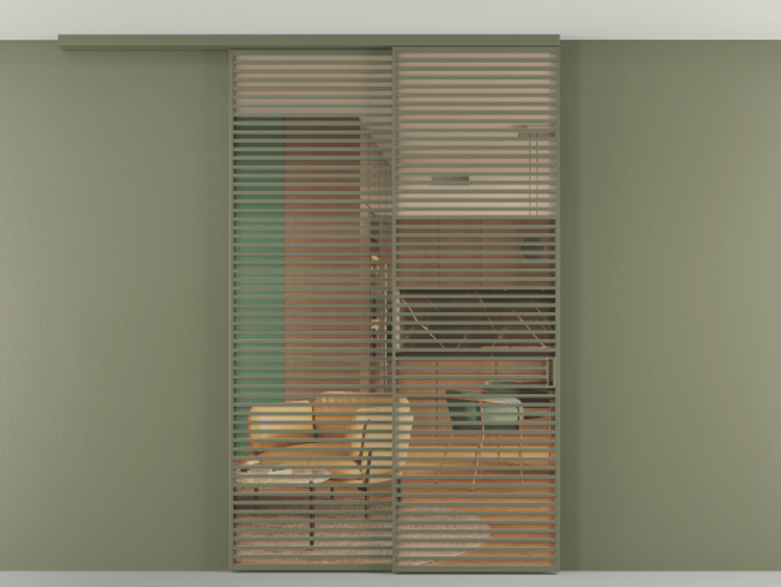 Перегородка Formato вдоль стены на потолок 2 створки с синхронным механизмом АЛПР 040.07 Алюминий оливковый тёмный Прозрачное оранжевое стекло, триплекс Цена 450456 ₽ | Volhovec