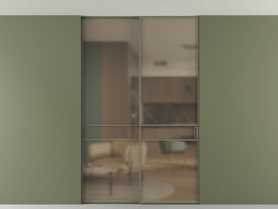 Алюминевая перегородка АЛПР 040.02_АОТ_Бронза сатин триплекс_new. Цвет Алюминий оливковый тёмный. Материал Алюминий в эмали. Коллекция Перегородка Формато внутри проёма скрытое крепление в потолок 2 створки. Картинка.